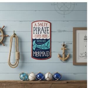 Salty Pirate Lives Here W/ His Beautiful Mermaid Metal Sign Beach Nautical Decor